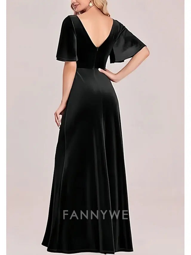 FannyWe Simple A-Line Prom Dresses Elegant Dress Party Wear Prom Floor Length Short Sleeve V Neck Velvet with Criss Cross